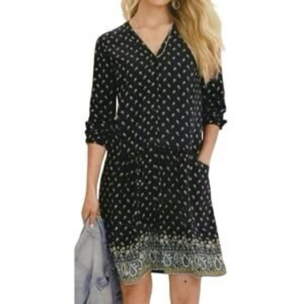 Garnet Hill Pleated Drop Waist Long Sleeved Button Down Shirt Dress Navy 0 NWOT